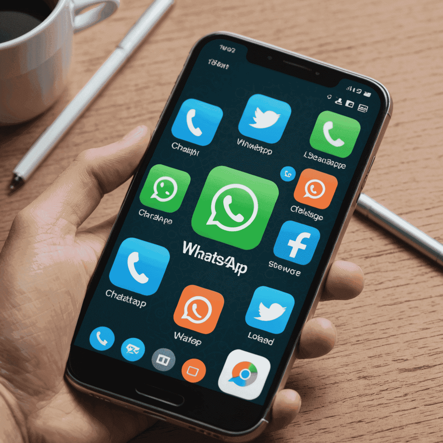 Зображення різних іконок месенджерів: WhatsApp, Skype, Telegram та ChatGPT на екрані смартфона